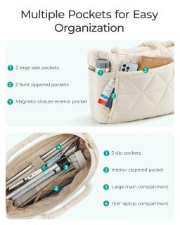 BAGSMART-Algodão Acolchoado Xadrez Underarm Handbag, grande bolsa de ombro acolchoada, compartimentos para viagens, trabalho, ginásio, Puffy Tote - Image 2