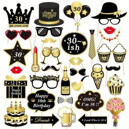 Adereços fotográficos de aniversário para meninos e meninas, decoração de festa, preto e dourado, 30 anos, 34 peças - Image 1