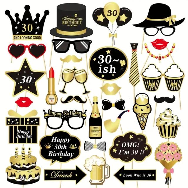 Adereços Fotográficos para Aniversário Preto e Dourado - Decoração de Festa para Meninos e Meninas, 30 Anos, 34 Peças