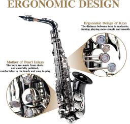 Nickeling-Black Saxofone Eb Alto para iniciantes e adultos, saxofone tipo E Flat, instrumento de sopro com estojo, luva de cinta - Image 3