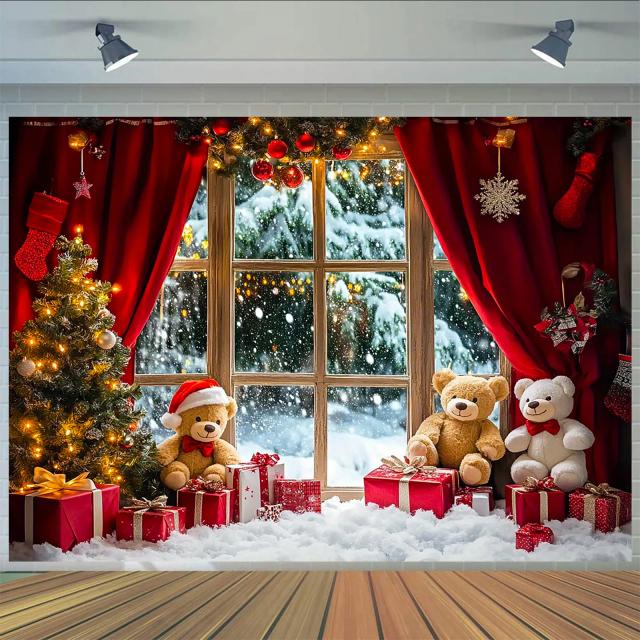Fundo Fotografia Natal Ano Novo Paisagem Nevada Inverno Árvore Natal Ursinho Pelúcia