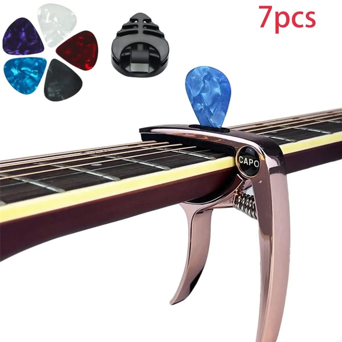 Capo para guitarra acústica e elétrica, 3 em 1, com suporte pick, extrator de pinos e 5 picaretas de guitarra, capo ukulele, 7pcs - Image 1