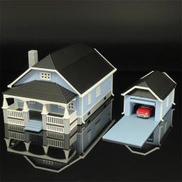 Casa de dois andares com garagem modelo, miniatura modelo de construção, mesa de areia, trem cena layout, brinquedos montados, 1: 87 - Image 2