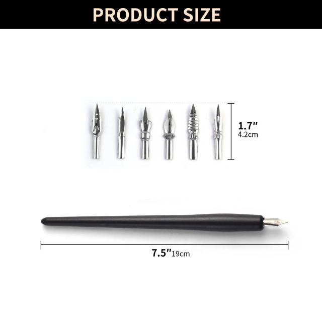 Conjunto de Caneta Caligráfica com Dip Pen em Madeira e 7 Pontas para Desenho e Escrita