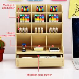 1pc organizador de mesa de madeira multifuncional desktop papelaria caneta titular caixa para escritório em casa material escolar armazenamento titular - Image 4