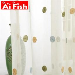 colorido círculo bordado cortinas transparentes para sala de estar tela de ventana blanca algodón lino dormitorio cortina de tul ZH035-5 - Image 1