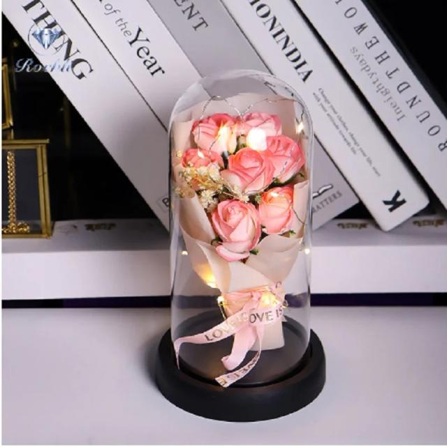 Buquê de Rosas LED em Cúpula de Vidro: Presente Romântico Ideal para o Dia dos Namorados e Natal, Decoração Iluminada para o Lar