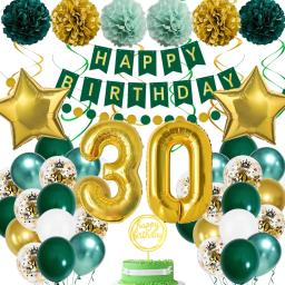 Decorações de festa para homens e mulheres, papel pom poms, balões para 30 °, 50 ° e 60 ° aniversário, verde e dourado - Image 1