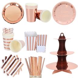 Decoração de festa descartável em ouro rosado, utensílios de mesa para aniversário de crianças e adultos, copo, prato, suporte para bolo, chá de noiva e bebê - Image 1