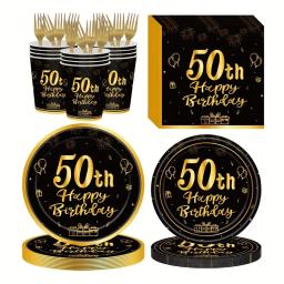 Louça Descartável para Adultos, Artigos para Festas de Aniversário, Pratos e Guardanapos de Papel Preto e Dourado, Decoração para Festa, 18 30 40 50 60 - Image 4