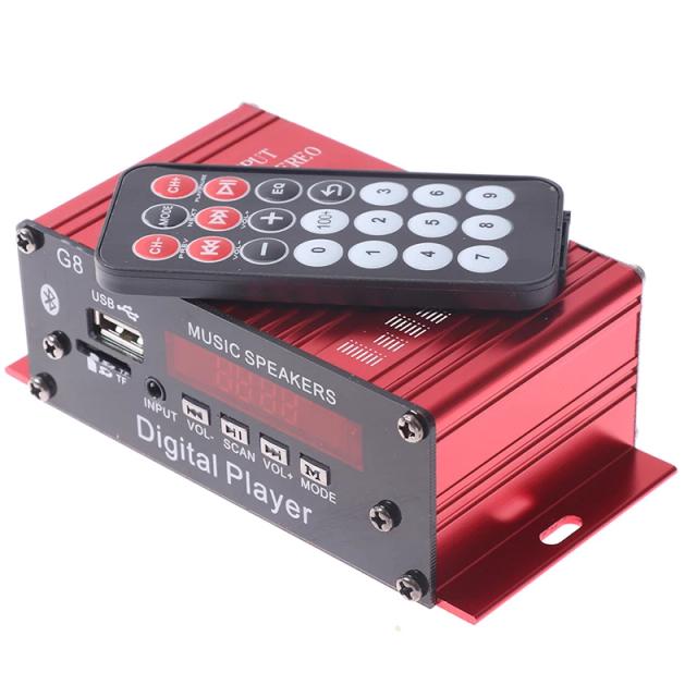 Amplificador de Potência Digital G8 4 Canais 200W com Controle Remoto, Bluetooth, AUX, USB, TF, FM, MP3 e HiFi em DC 12V