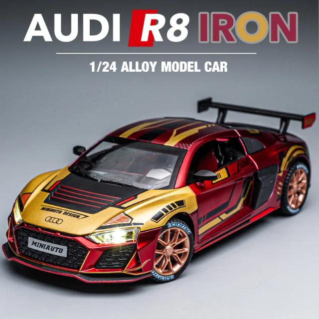 Audi R8 V10 Miniatura Diecast 1:24 com Luz e Som - Brinquedo de Carro de Corrida Para Crianças