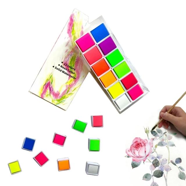 Conjunto de Tintas Aquarela Fluorescentes para Tecido e Artesanato - 12 Cores para DIY em Papel, Madeira e Nail Art
