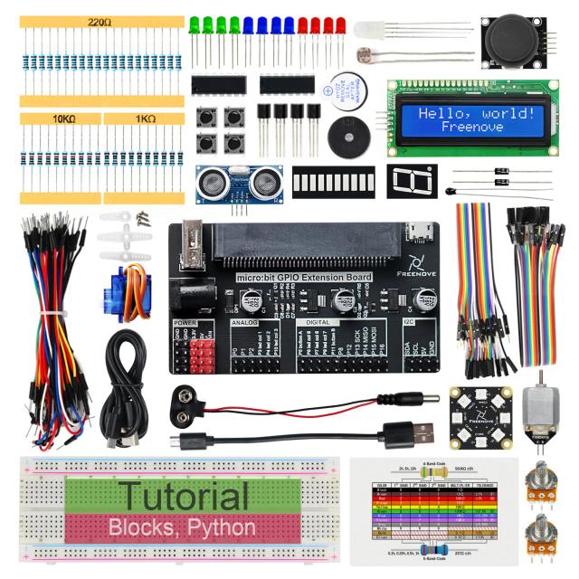 Freenove Super Starter Kit para BBC micro:bit V2, tutorial detalhado de 266 páginas, 192 itens, 38 projetos, blocos e código Python