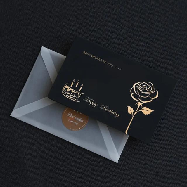 Cartão Luxuoso com Envelope para Presente de Aniversário, Convites Elegantes em Preto e Dourado e Cartões de Mensagem Bênção e Desejos