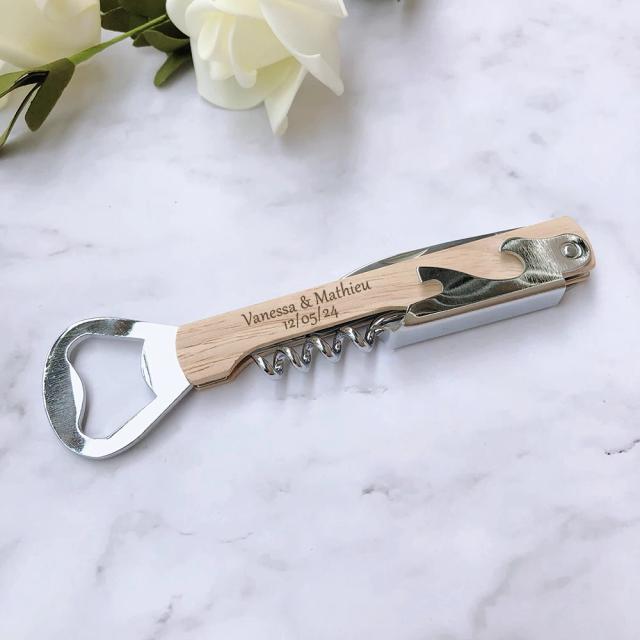 Saca-Rolhas e Abridor de Garrafas de Cerveja Personalizado em Madeira - Kit com 10 Peças para Casamentos e Festas, Presentes Exclusivos para Convidados