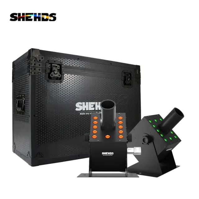 Máquina de Jato SHEHDS-CO2 com Flight Case, LED RGB 12x3W, Efeitos de Luz e Neve, Injetor de Dióxido de Carbono Ajustável, 90 Graus de Altura, Alcance de 5-6m