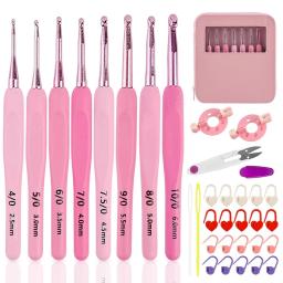 Gancho de crochê com estojo, kit de agulhas de tricô liso, silicone, durável, bem feito, rosa, 2,5mm-6mm - Image 1