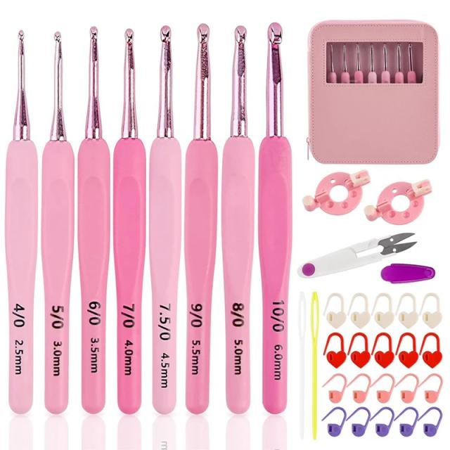 Kit de Gancho de Crochê com Estojo e Agulhas de Tricô em Silicone Rosa, Tamanhos 2,5mm a 6mm, Resistente e Bem Acabado