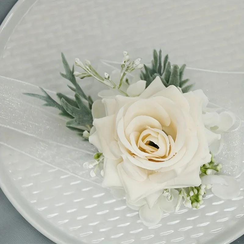 Champagne pulso Corsage e Boutonniere Set, Rose Flores do casamento Acessórios, adequado para a noiva, dama de honra, homem, noivo, 1 pc, 6pcs - Image 1