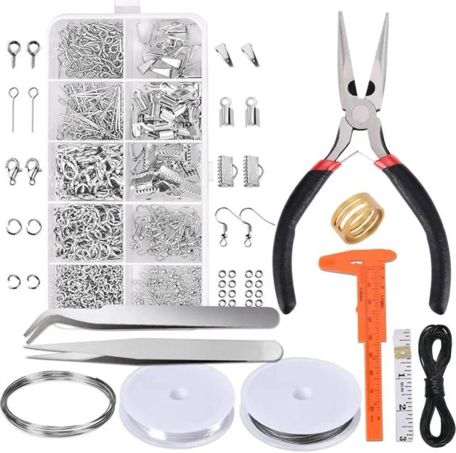 Kit Completo para Fazer Jóias: Alicates, Descobertas, Materiais para Brincos e Pulseiras, e Fios de Prata para Colares