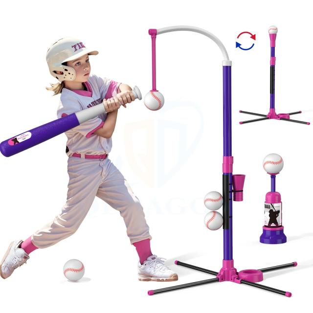 Conjunto 3 em 1 de Beisebol para Crianças com Tee Suspenso, Tee em Pé e Lançador Automático - Inclui 6 Softballs para Diversão ao Ar Livre