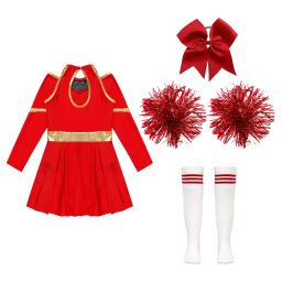 Fato de torcida feminino, Líder de torcida, Vestido de dança brilhante, Uniforme com Pom Poms, Esportes do Dia das Bruxas, Roupas alegres, Crianças - Image 4