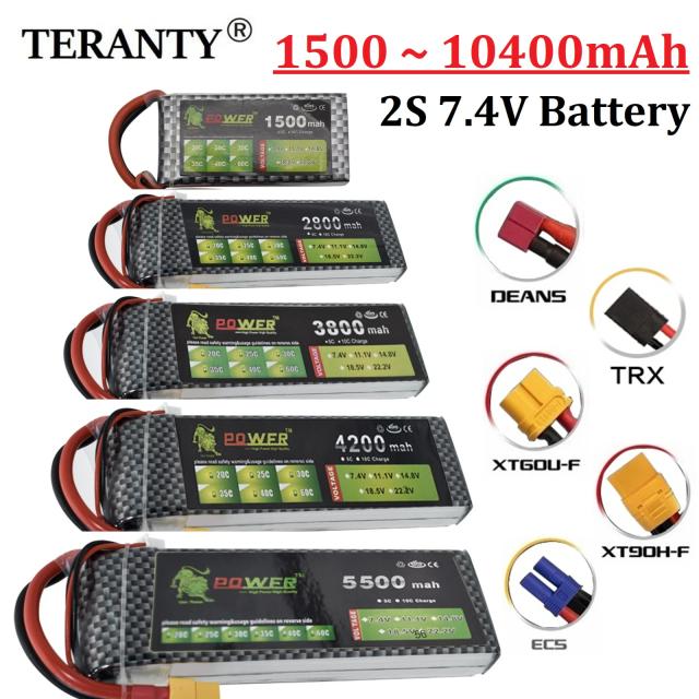 Bateria Lipo 2S 7.4V para RC - Várias Capacidades com Conectores T XT60 e TRX para Carros e Drones