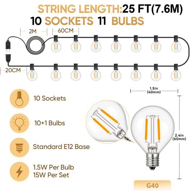 Luz de Corda LED Impermeável G40 para Decoração de Festa com Iluminação Exterior em Vintage e Luz Quente, Plugue UE 220V