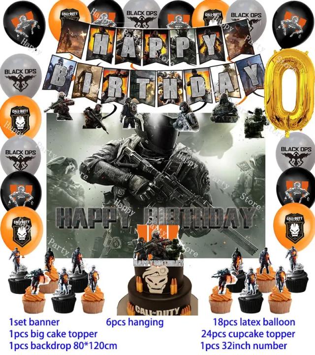 Festa de Aniversário com Tema Call of Duty: Decoração, Balões, Banner de Fundo, Topper para Bolo e Itens para Chás de Bebê
