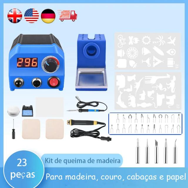 Kit Completo de Queima de Madeira para Iniciantes: Ferramenta de Queimador, Caneta Pirografia e Modelos Ocos para Madeira, Couro e Cabaça
