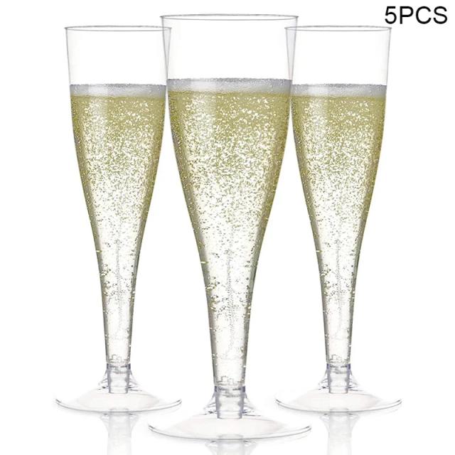 Conjunto de 5 Copos Descartáveis de Plástico Transparente para Champagne, Casamentos e Aniversários - Versáteis para Bebidas e Sobremesas