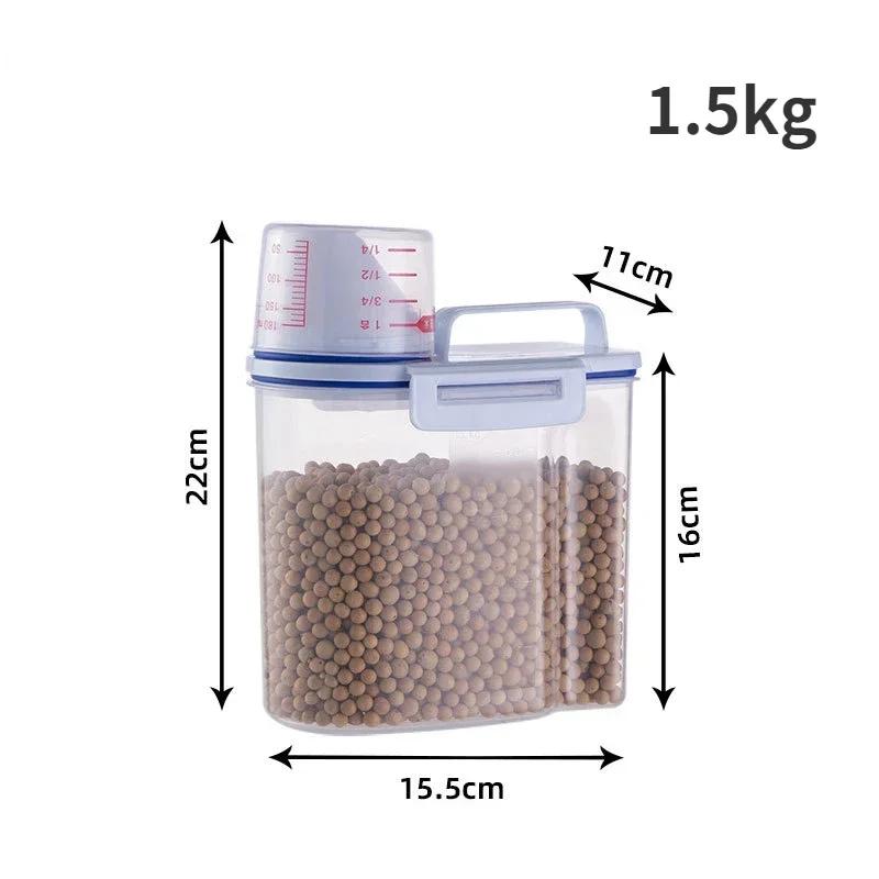 Tanque de armazenamento de plástico com copo de medição, recipiente à prova de umidade, cão e gato comida balde, acessórios pet - Image 1