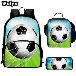 3 pçs conjunto de mochila escolar de impressão 3d de futebol com sacos de almoço caso de lápis para grau 1-3, impressões de futebol sacos de escola para meninos meninas - Image 1