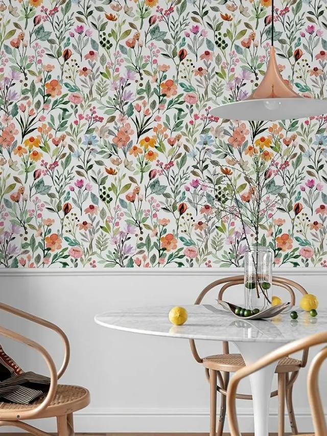 Papel de Parede Colorido Floral com Folhas em PVC - Impermeável e Moderno para Decoração de Casa, Cozinha e Banheiro