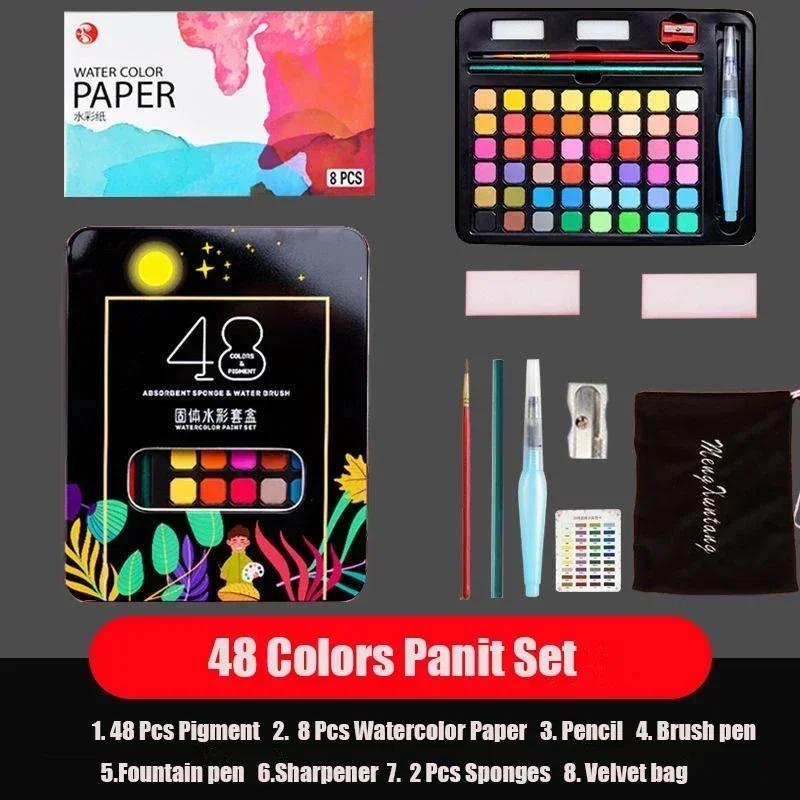 63 Pcs Aquarela Tinta Kit para Crianças 48 Cores Pigmento Pintura Set Com Escova & Aquarela Papel arte suprimentos - Image 1