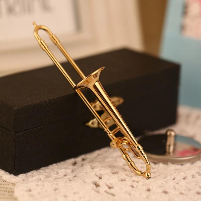 Miniatura de Trombone: Réplica de Instrumento Musical com Estojo e Suporte para Decoração em Casa - Presente de Natal Ideal