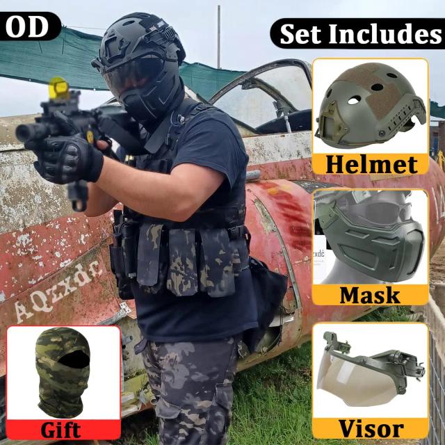Capacete Tático para Airsoft com Máscara e Viseira: Conjunto Completo de Proteção para Jogos de Tiro CQB e Paintball