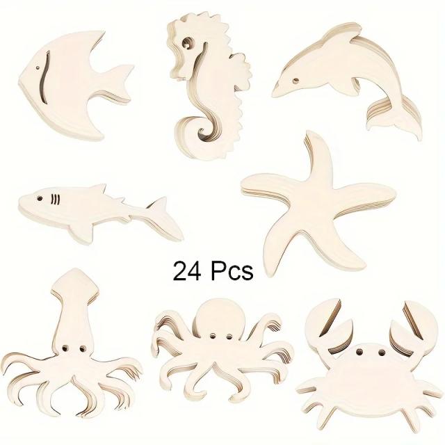Recortes de Animais Marinhos para Decoração de Festas e Restaurantes - Artesanato DIY em Madeira do Oceano, Pacote com 24 Peças