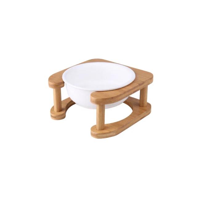Tigela de Água e Comida para Gatos e Cães com Suporte de Madeira Antiderrapante e Design Duplo