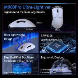 Delux m900pro versão ultraleve mouse para jogos sem fio ergonômico 1k/8k taxa de pesquisa 50g paw3395 para mão direita grande pc gamer - Image 2