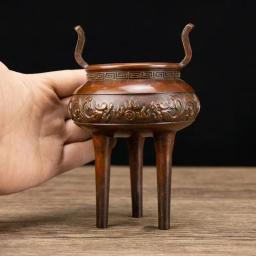 Coleção de queimador de incenso de três pernas de orelha dupla, antigo, polpa velha revestida, cobre puro, menino, homens, menina, antigo C - Image 4