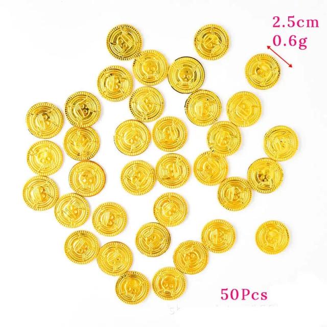 50 Pçs Moedas de Ouro Pirata Plástico Falso Tesouro Adereços Decoração Festa Aniversário Crianças