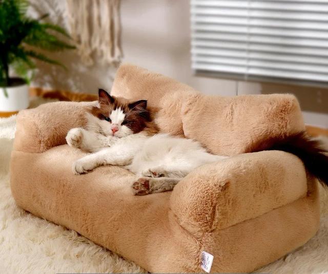 Sofá e Cama Confortável para Animais com Travesseiro e Tampa Lavável, Ideal para Gatos e Cães com Fundo Antiderrapante