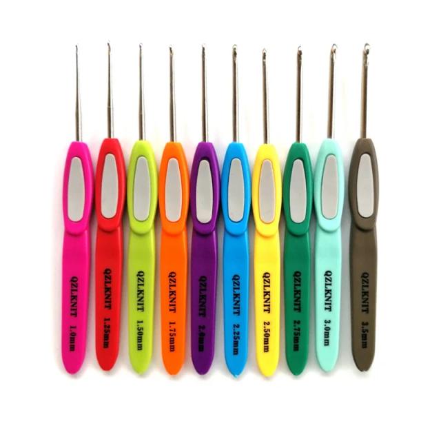 Conjunto de Ganchos de Crochê Coloridos com Cabo de Plástico e Agulhas de Tricô de 1,0 mm a 3,5 mm - 10 Unidades