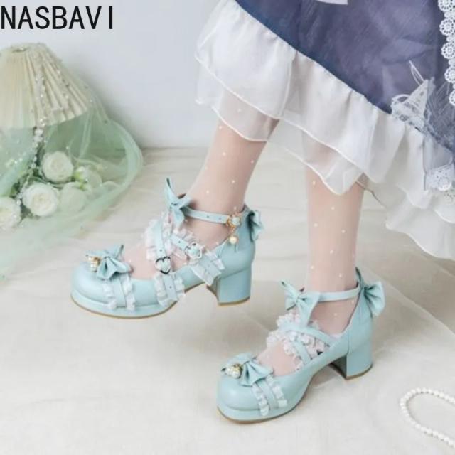 Nasbavi Sapatos Femininos Salto Alto Plataforma Laço Branco Festa Princesa Lolita Bombas