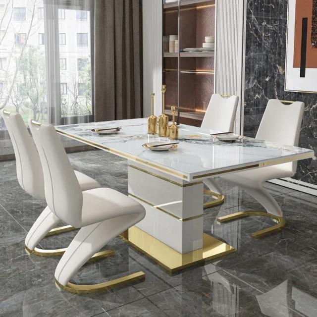 Conjunto Mesa Jantar Mármore Quadrada Ouro Luxo Moderno 6 Lugares
