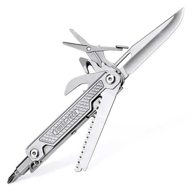 Faca Dobrável Multitool SWISS TECH 11 em 1 para Camping e Sobrevivência com Tesoura e Chave de Fenda