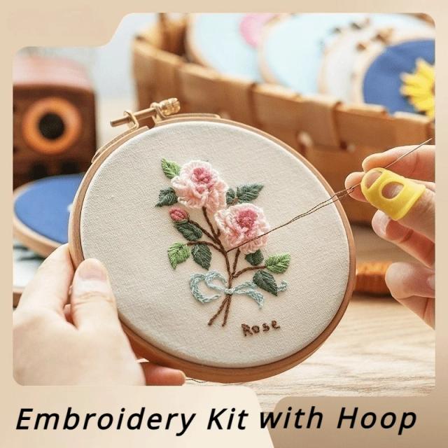 Kit Completo de Bordado para Iniciantes com Aro - Artesanato DIY de Desenhos Florais Exclusivos para Presentes Artesanais