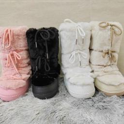 Botas de pele sintética y2k botas de neve femininas luxo fofo peludo mid-claf botas de esqui brancas mulher quente grosso forrado botas de algodão - Image 6